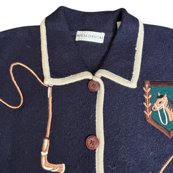 Vintage Polo Collar Knit Wool Equestrian Horse Cardigan Sweater Navy Blue Medium - Picture 3 of 11